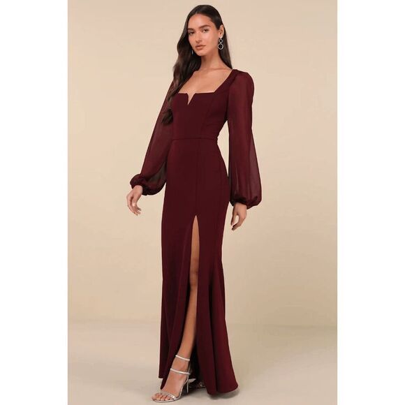 Lulus Composed Elegance Burgundy Balloon Sleeve Mermaid Maxi Dress Medium - Picture 3 of 6